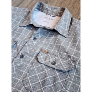 Orvis Mens Blackout Collection Short Sleeve Plaid Button Down Shirt Grey Large